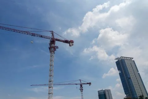 Panorama view at workers are working on large construction sites and many c.. Stock Photos
