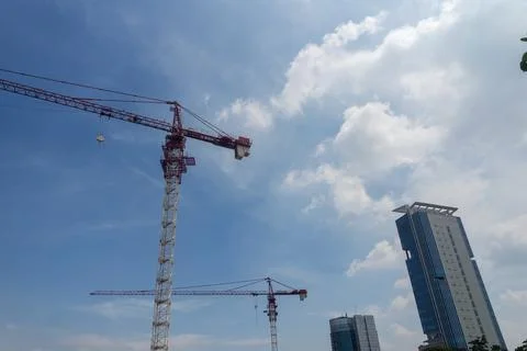 Panorama view at workers are working on large construction sites and many c.. Stock Photos