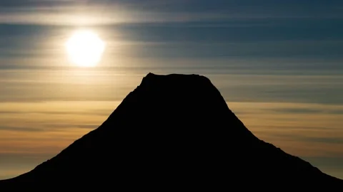Panorama with Volcano in Silhouette: Time Lapse at Sunset with Colorful Cloud Stock Footage 201366000