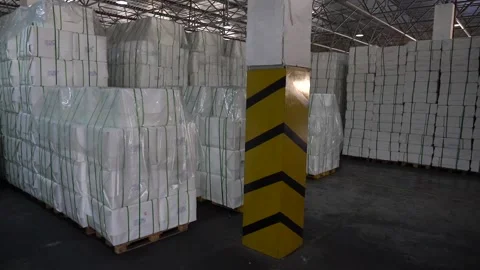 Panorama of a warehouse with pressed paper. Video stock 130835674