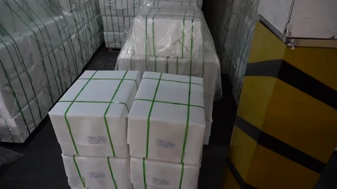 Panorama of a warehouse with pressed paper. Video stock 130835690