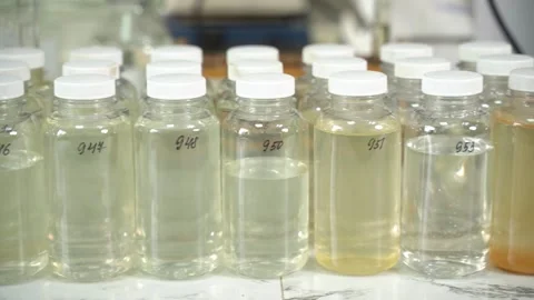 Panorama of water samples for analysis in plastic jars Stock Footage 300489548