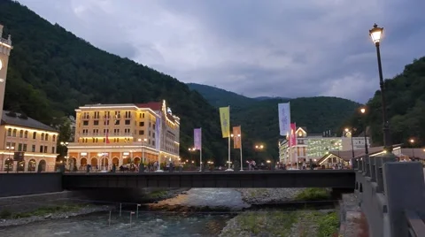 Panorama waterfront Rosa Khutor night. Sochi, Russia. 1280x720 스톡 동영상 53609072