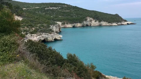 Panorama of white cliffs of Gargano peninsula and azure sea waters Stock Footage 122115655
