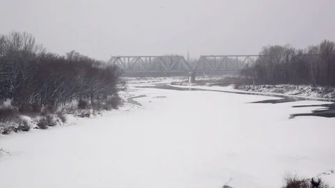 Panorama of the winter forest to the bridge over the river Stock Footage 75279406