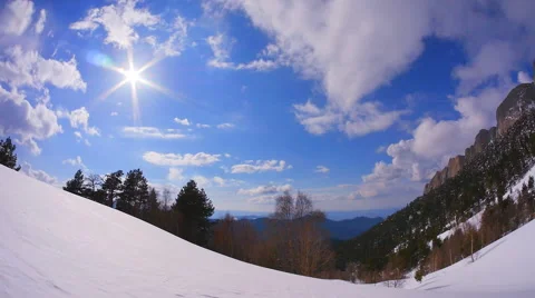 Panorama of winter forest glade with the sun in the frame Stock Footage 50763150