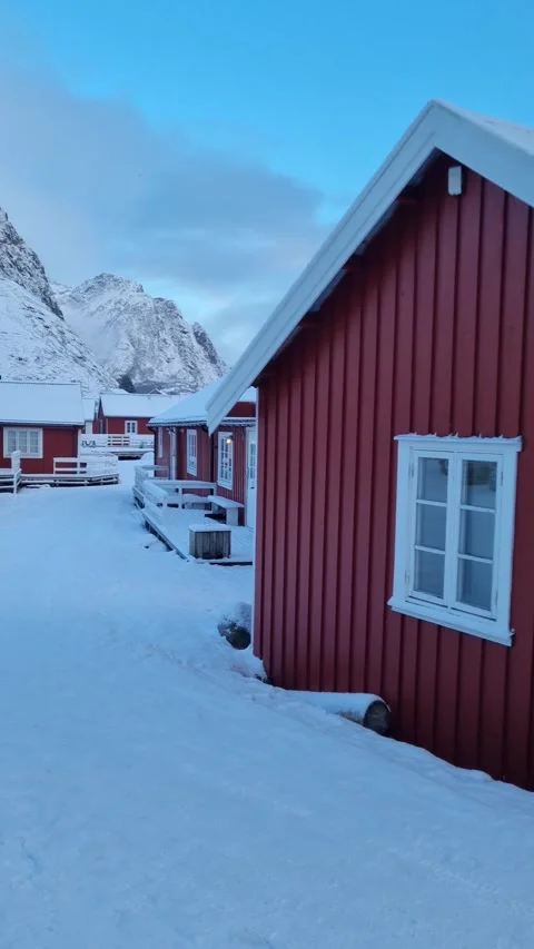Panorama winter view of Hamnoy or Hamnøy fishing village on Lofoten Islands,  Stock Footage 319848575