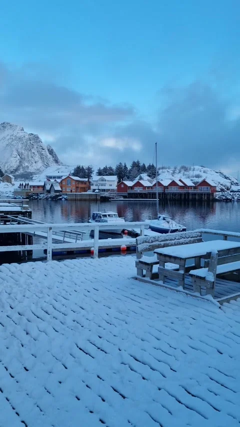Panorama winter view of Hamnoy or Hamnøy fishing village on Lofoten Islands,  Video stock 319848577