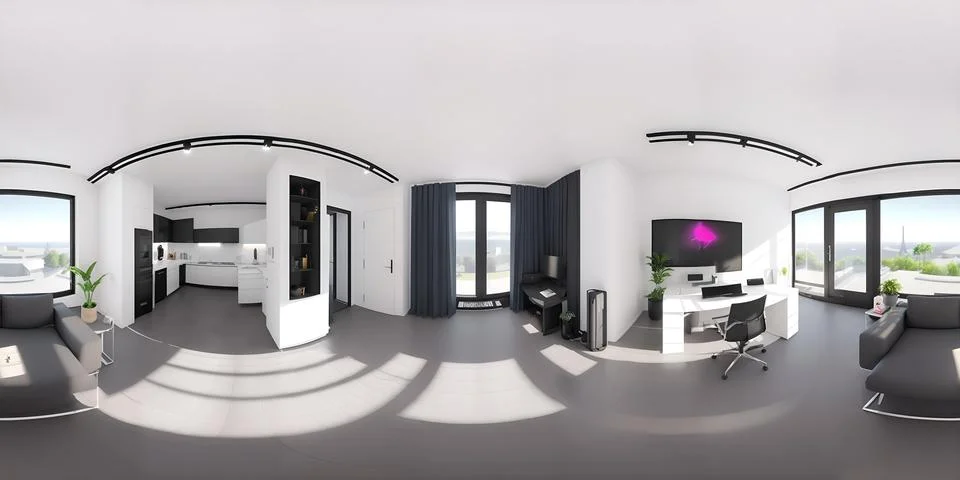 Panoramic 360 degree 3D rendering with livingroom, kitchen and dining area Stock Illustration