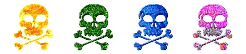 Panoramic 3D rendering of colorful skulls isolated on white background Stock Illustration