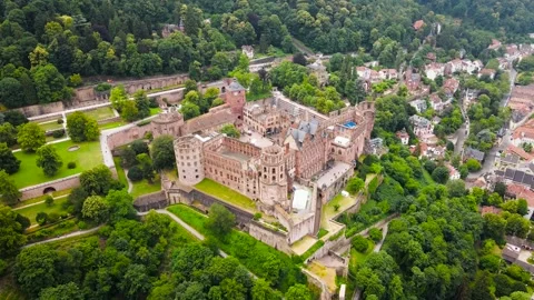 Panoramic aerial drone around the German city and castle of Heidelberg 4k Stock Footage 245975073