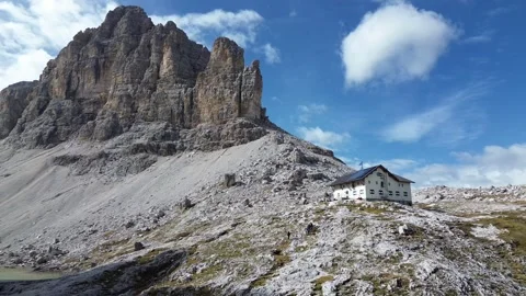 Panoramic aerial drone flight video of Dolomites Alps mountain landscape. Stock Footage 313683369
