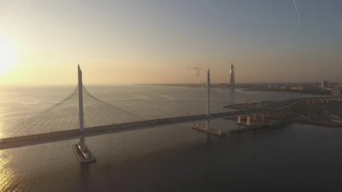 Panoramic aerial drone footage view of a suspension bridge across the Gulf of Fi Stock Footage 80601159
