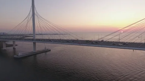 Panoramic aerial drone footage view of a suspension bridge across the Gulf of Fi Stock Footage 80601207