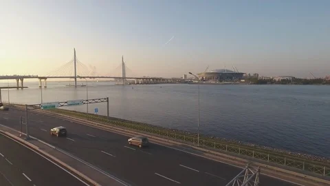 Panoramic aerial drone footage view of a suspension bridge across the Gulf of Fi Stock Footage 80601952