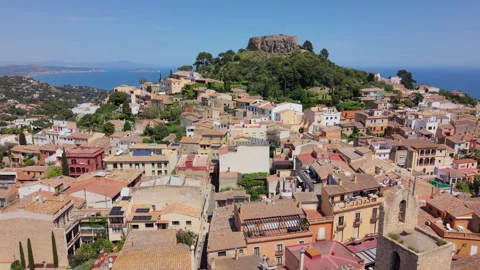 Panoramic aerial drone shot of Begur village and its traditional architecture. Stock Footage 333773079