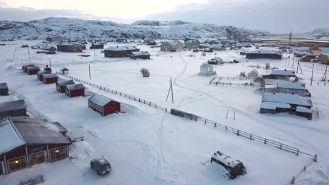 Panoramic aerial drone shot view of Arctic village with snow in the winter  Stock Footage 145159869