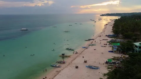 Panoramic aerial drone sunset view of coastline on Bantayan Island, Philippines Vidéo 332788004