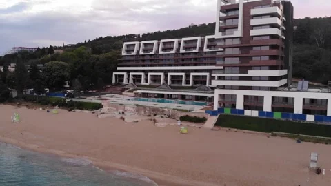 Panoramic aerial drone top view of beach and hotels in Varna, Bulgaria Stock Footage 276192653