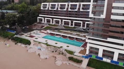 Panoramic aerial drone top view of beach and hotels in Varna, Bulgaria Stock Footage 276192655