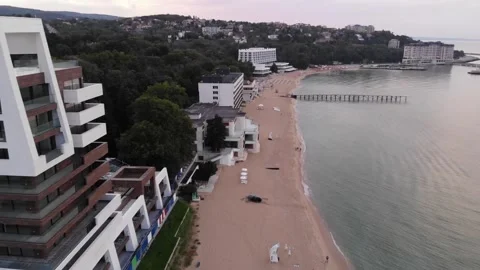 Panoramic aerial drone top view of beach and hotels in Varna, Bulgaria Stock Footage 276192659