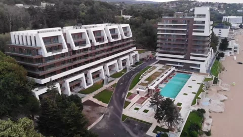 Panoramic aerial drone top view of beach and hotels in Varna, Bulgaria Stock Footage 276192661