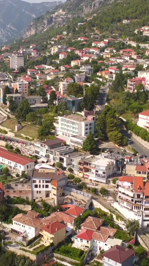 Panoramic aerial drone view of the city from Kruje Castle and its fortress Stock Footage 260926204