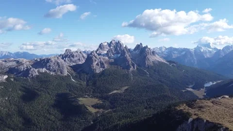 Panoramic aerial drone view of Dolomites mountain range and alpine valley Stock Footage 328599744