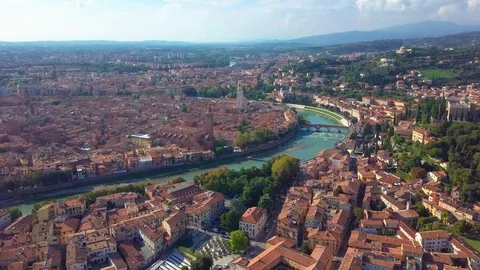 Panoramic aerial drone view of medieval city of love Verona, Pietra bridge and Stock Footage 98129082
