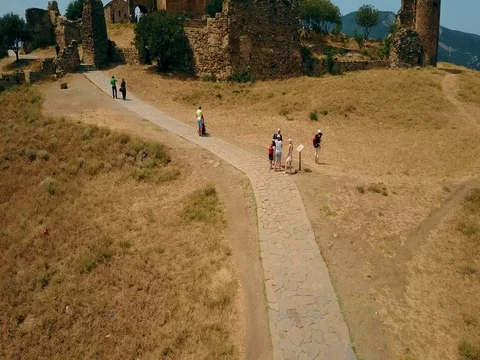 Panoramic aerial drone view of Mtskheta, Georgia with Svetitskhoveli Cathedral Stock Footage 81379474
