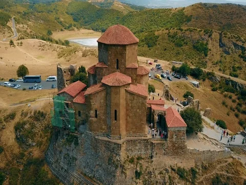 Panoramic aerial drone view of Mtskheta, Georgia with Svetitskhoveli Cathedral Stock Footage 81379624