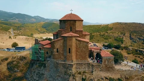 Panoramic aerial drone view of Mtskheta, Georgia with Svetitskhoveli Cathedral Stock Footage 81379649