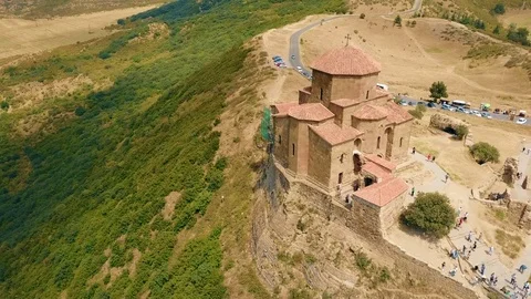 Panoramic aerial drone view of Mtskheta, Georgia with Svetitskhoveli Cathedral Stock Footage 81379680