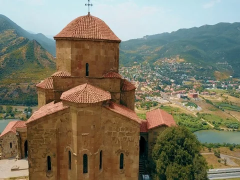 Panoramic aerial drone view of Mtskheta, Georgia with Svetitskhoveli Cathedral Stock Footage 81379765
