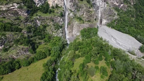Panoramic aerial drone view of river and waterfall called Cascata Di Novalesa Stock Footage 247837163