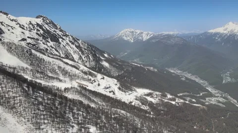 Panoramic aerial drone view of the Rosa Khutor mountain ski resort Stock Footage 337545423