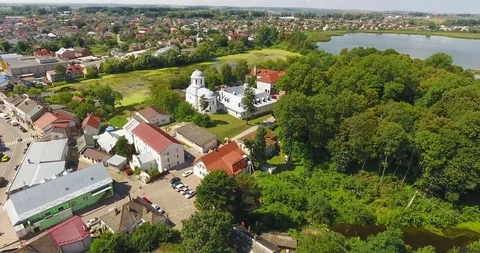 Panoramic Aerial drone view of small town Stock Footage 112886679