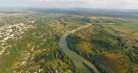 Panoramic Aerial drone view of small town Stock Footage 112896830