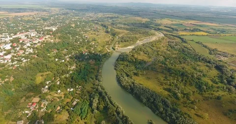 Panoramic Aerial drone view of small town Stock Footage 112898909