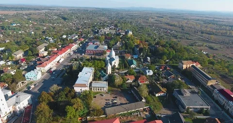 Panoramic Aerial drone view of small town Stock Footage 112904079