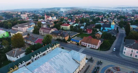 Panoramic Aerial drone view of small town Stock Footage 113036690