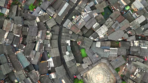 Panoramic Aerial Drone View of Xijiang Qianhu Miao Village and Rice Plantation Stock Footage 341743454
