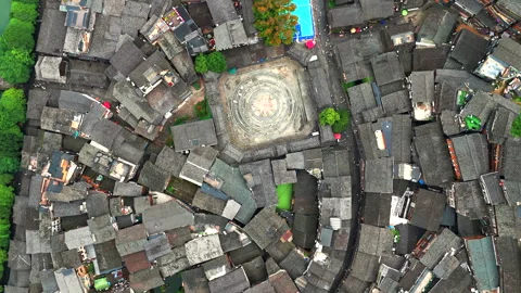 Panoramic Aerial Drone View of Xijiang Qianhu Miao Village and Rice Plantation Stock Footage 341743671