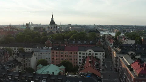 Panoramic aerial flying drone rooftop view of Södermalm Stock Footage