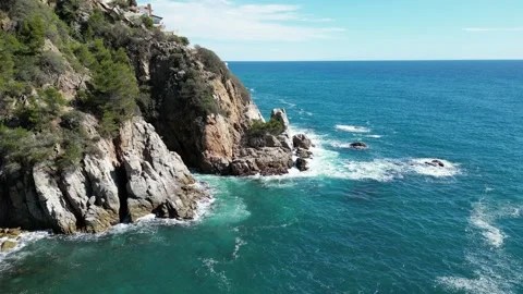 Panoramic aerial flying drone view, Mediterranean coast with green mountain, 4K Stock Footage 274817642