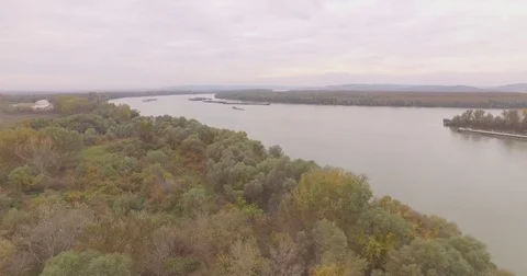 Panoramic aerial forest and Riverside of Danube autumn day, Europe main river Stockbeeldmateriaal 71264863