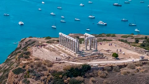 Panoramic aerial hyperlapse view of the Temple of Poseidon at Cape Sounion Video stock 263474353