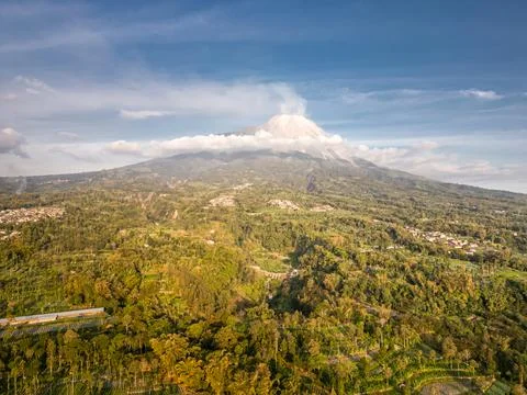 Panoramic Aerial Landscape of Mount Merapi Volcano at sunset Yogyakarta, In.. Stock Photos