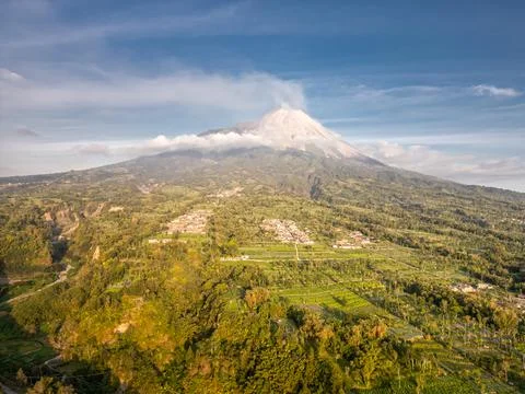 Panoramic Aerial Landscape of Mount Merapi Volcano at sunset (Yogyakarta, Ind Stock Photos