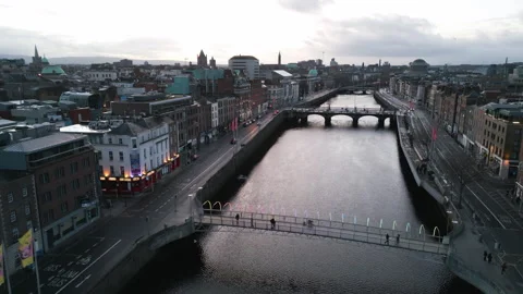 Panoramic aerial overview of Temple Bar District and Millenium bridge Stock Footage 261654816